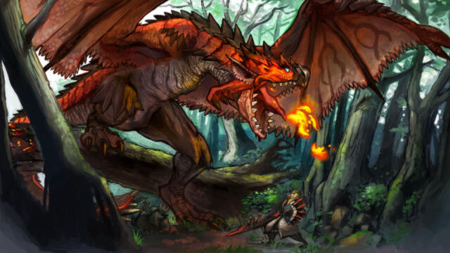 Rathalos Confronting a Hunter Fantasy Art Desktop Wallpaper