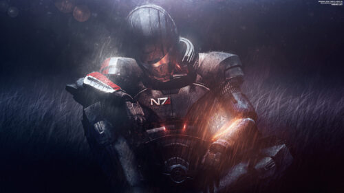Mass Effect N7 Soldier in the Rain Desktop Wallpaper