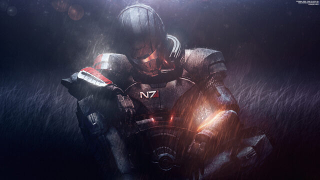 Mass Effect N7 Soldier in the Rain Desktop Wallpaper