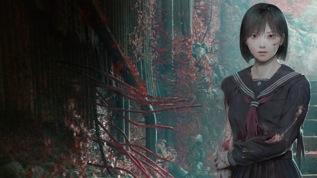 Eerie Anime Girl in Ruined Landscape Desktop Wallpaper