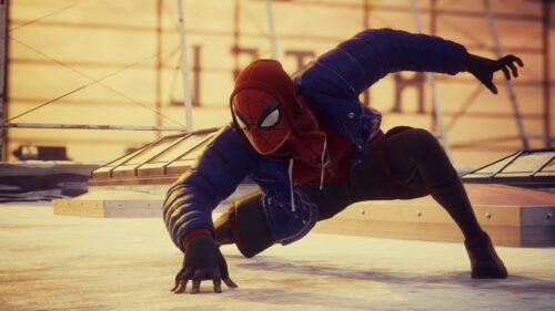 Spider-Man in Winter Attire Crouching on Rooftop 4K Wallpaper