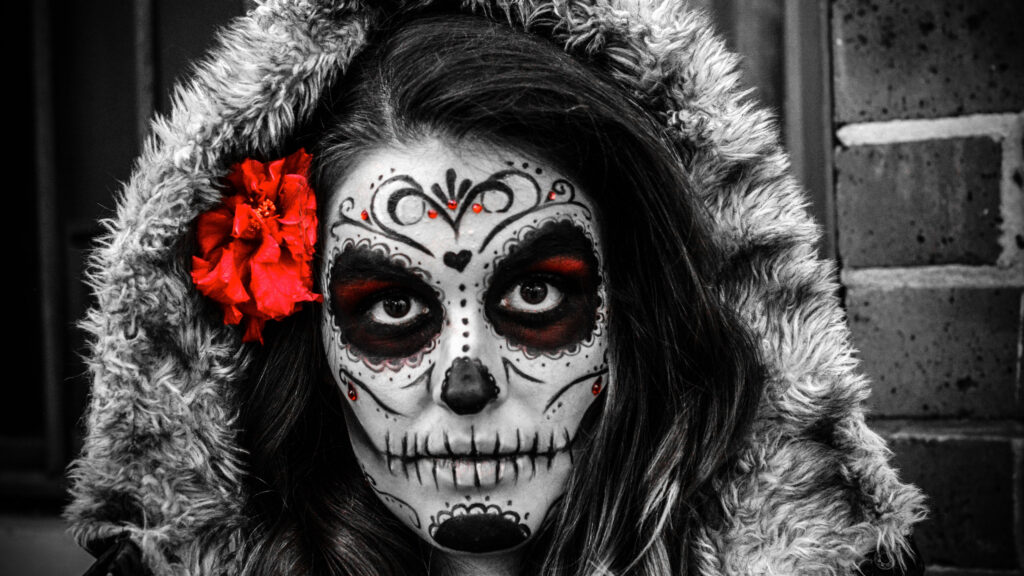 Striking Day of the Dead Sugar Skull Woman 4K Desktop Wallpaper
