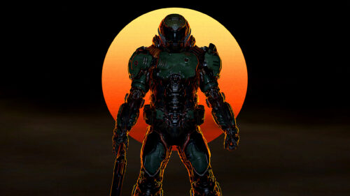 Doom Slayer Green Armor Backlit Sun 4K Wallpaper
