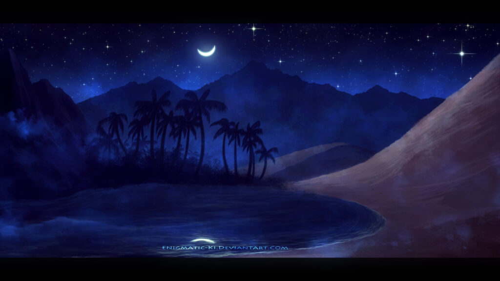 Serene Moonlit Desert Oasis Night View Desktop Wallpaper