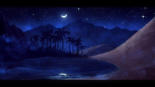 Serene Moonlit Desert Oasis Night View Desktop Wallpaper
