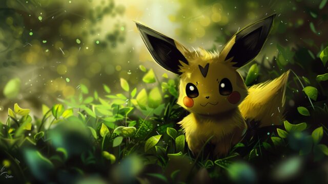Cute Yellow Pokémon Creature in Lush Green Forest Desktop Wallpaper
