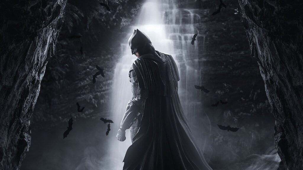 Batman in the Batcave Waterfall 4K Desktop Wallpaper