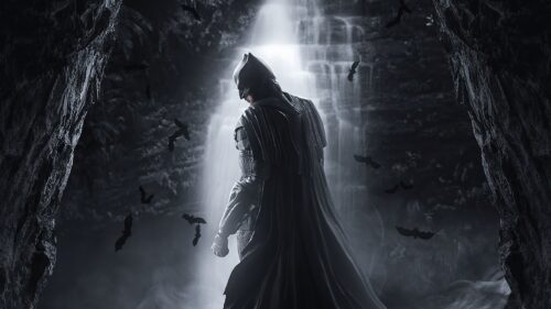 Batman in the Batcave Waterfall 4K Desktop Wallpaper