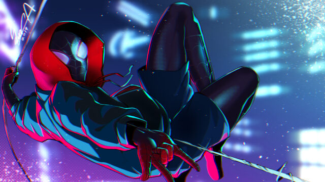 Miles Morales Spider-Man Neon Glitch Art 4K Desktop Wallpaper