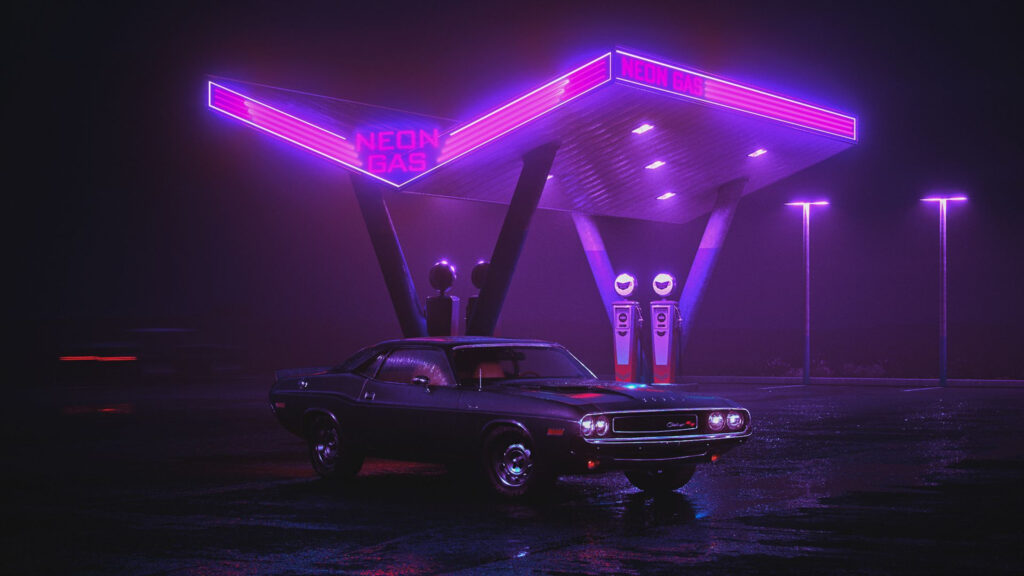 Retro Neon Gas Station With Classic Muscle Car 4K Wallpaper