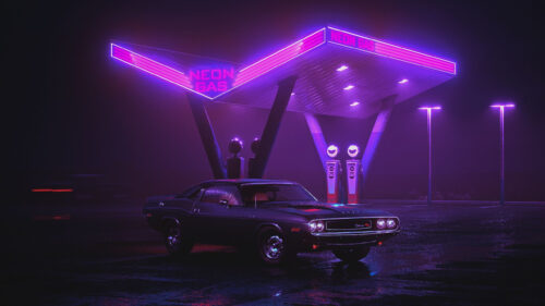 Retro Neon Gas Station With Classic Muscle Car 4K Wallpaper