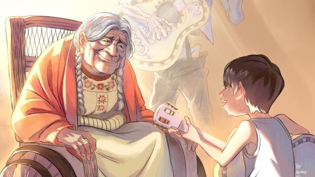 Coco Grandma and Boy Playing Guitar 4K Desktop Wallpaper