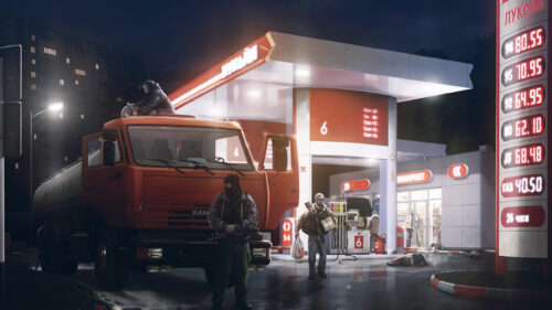 Armed Raiders at Fuel Station Night Scene Desktop Wallpaper