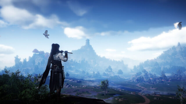 Wuxia Wanderer Playing Flute Amidst Misty Mountains 4K Wallpaper