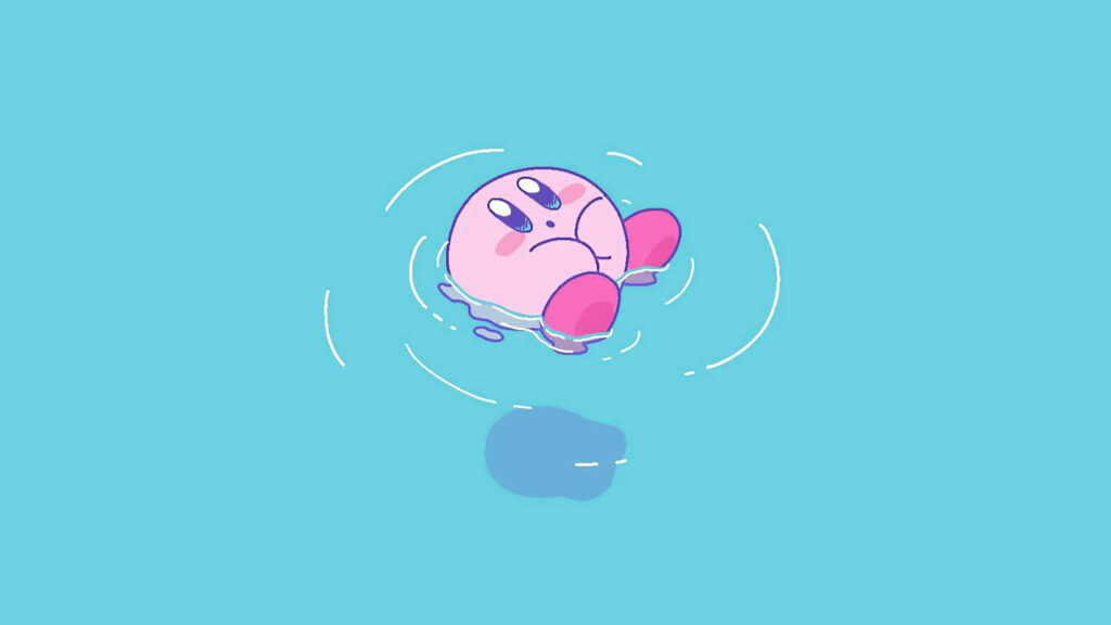 Cute Pink Kirby Floating in Blue Water Desktop Wallpaper