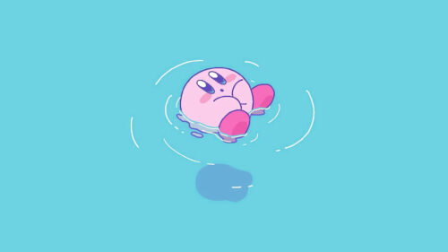 Cute Pink Kirby Floating in Blue Water Desktop Wallpaper