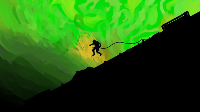 Astronaut Leaping Against Green Nebula Desktop Wallpaper