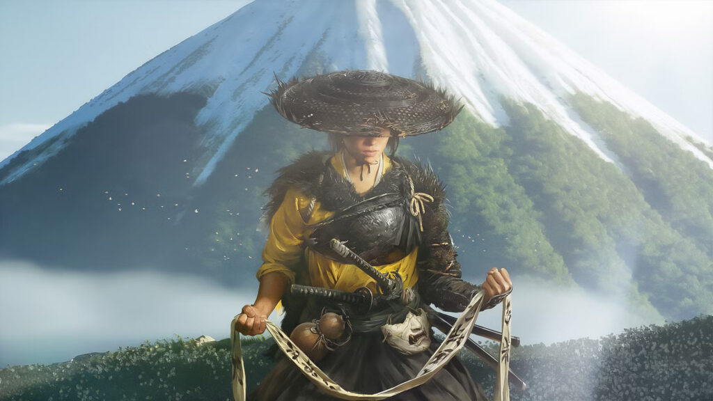 Samurai Warrior Standing Before Mount Fuji Desktop Wallpaper