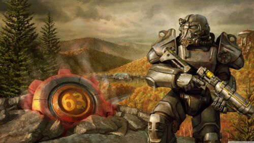 Fallout Power Armor and Vault 63 Desktop Wallpaper