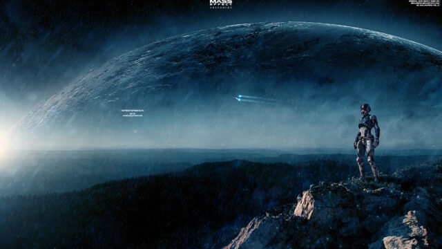 Mass Effect Explorer Standing on a Cliffside Desktop Wallpaper