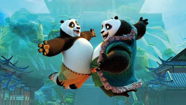 Kung Fu Panda 3 Po and Li Shan Jumping 4K Desktop Wallpaper