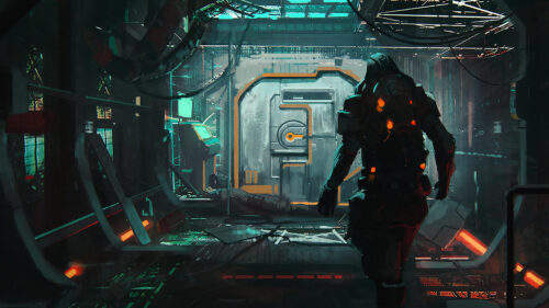 Sci-Fi Soldier Standing Before Vault Door Desktop Wallpaper