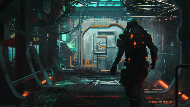 Sci-Fi Soldier Standing Before Vault Door Desktop Wallpaper
