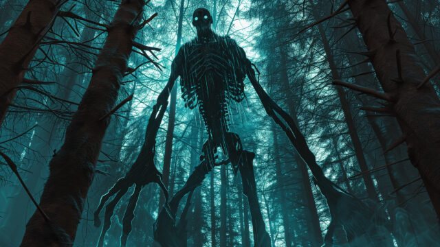 Eerie Dark Forest Giant Monster 4K Desktop Wallpaper