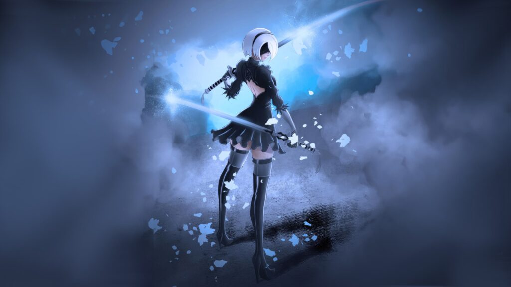 2B from NieR: Automata Standing with Glowing Katanas Desktop Wallpaper