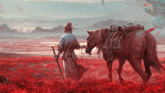 Samurai Traveler in Red Field Desktop Wallpaper