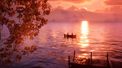 Serene Sunset Lake Boat Scene 4K Desktop Wallpaper