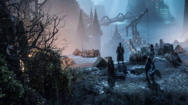 Gothic Fantasy Adventurers Overlooking Distant Citadel Desktop Wallpaper