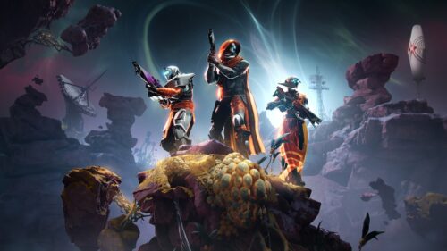 Three Guardians Standing on Alien Terrain Desktop Wallpaper