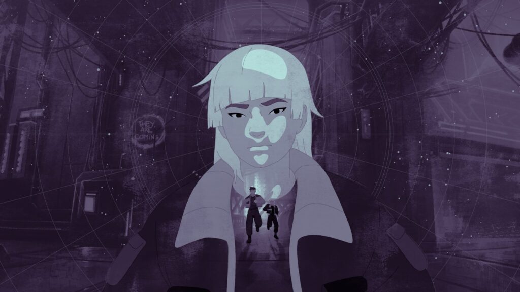 Cyberpunk Girl with Running Figures Desktop Wallpaper
