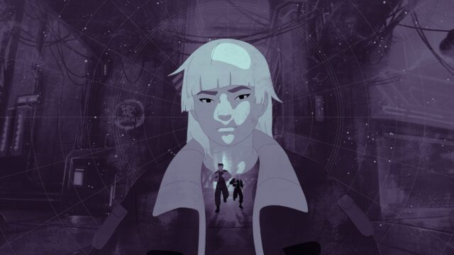 Cyberpunk Girl with Running Figures Desktop Wallpaper