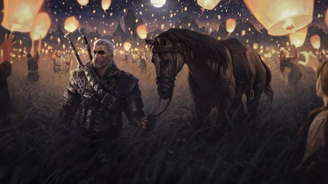 Geralt and Roach During a Lantern Festival 4K Desktop Wallpaper