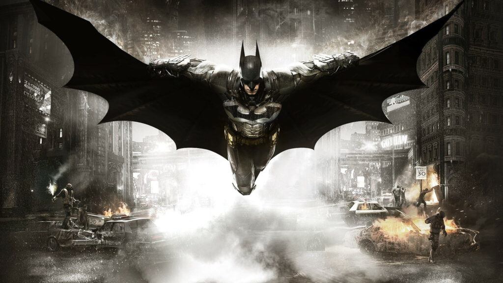 Batman Gliding Over Gotham City 4K Desktop Wallpaper