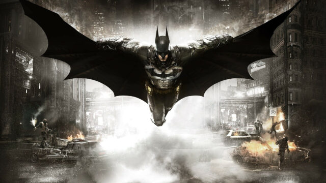 Batman Gliding Over Gotham City 4K Desktop Wallpaper