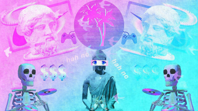 Vaporwave Aesthetic Statue and Skeleton Desktop Wallpaper