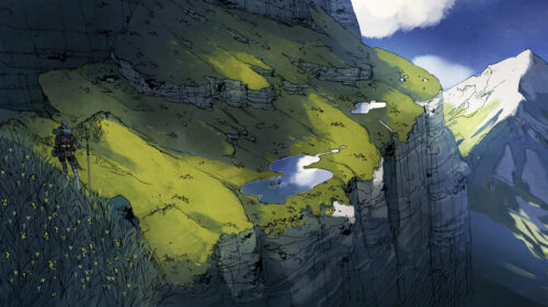 Hiker Overlooking a Mountain Valley Desktop Wallpaper