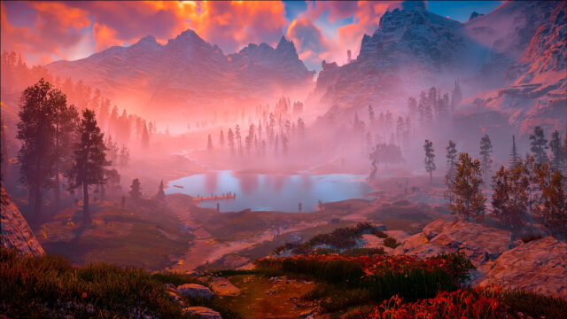 Breathtaking Sunset Over a Misty Mountain Lake Desktop Wallpaper