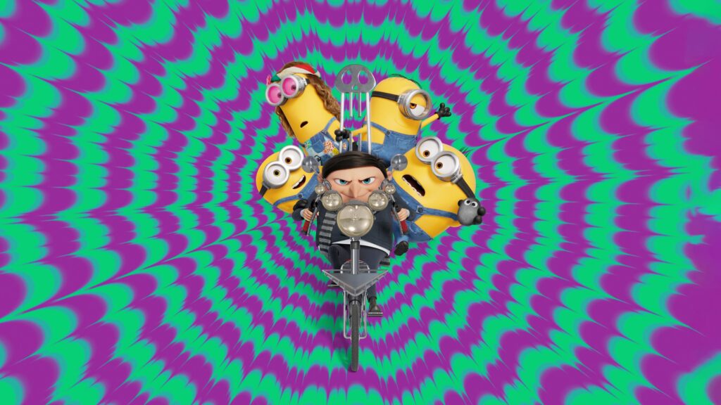 Minions and Young Gru Riding a Motorcycle Desktop Wallpaper