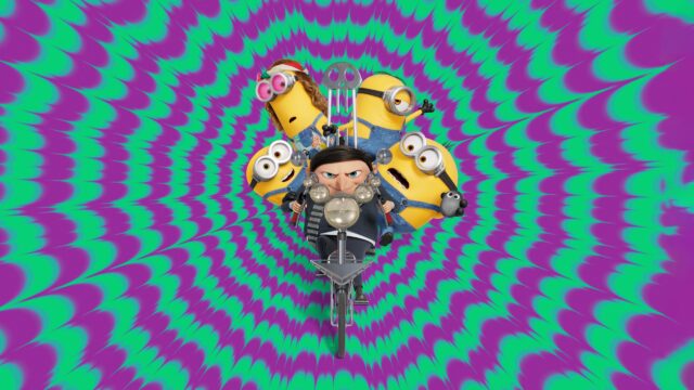 Minions and Young Gru Riding a Motorcycle Desktop Wallpaper