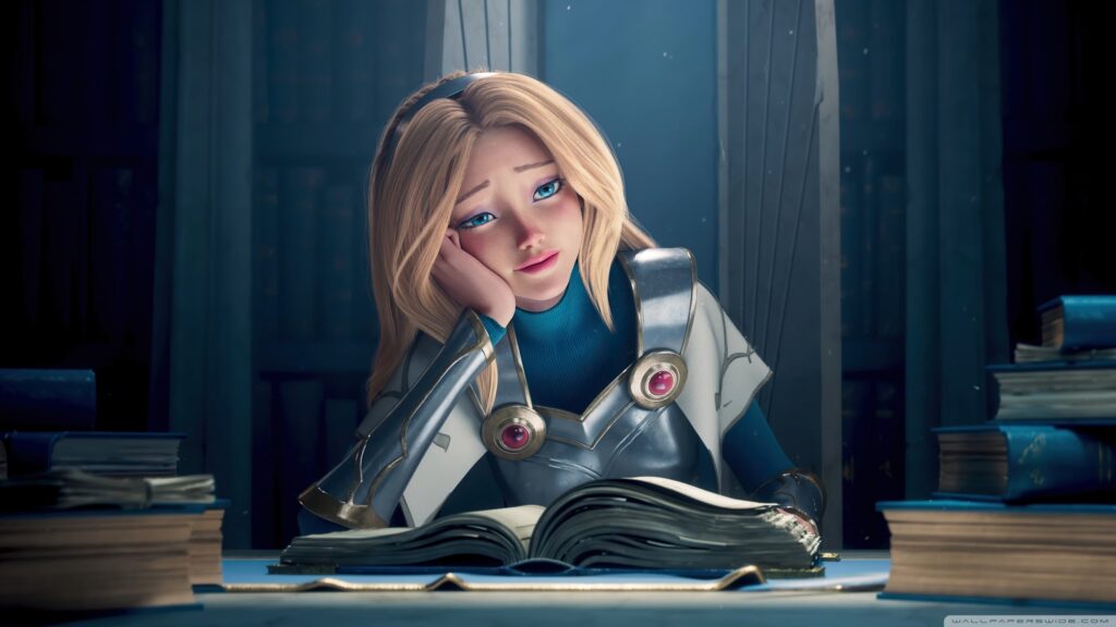 Sad Blonde Warrior Studying in Library Desktop Wallpaper