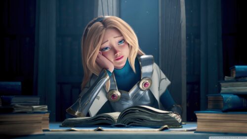 Sad Blonde Warrior Studying in Library Desktop Wallpaper