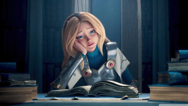 Sad Blonde Warrior Studying in Library Desktop Wallpaper