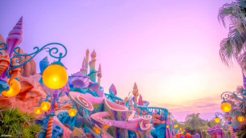 Mermaid Lagoon Fantasy Castle Sunset 4K Wallpaper