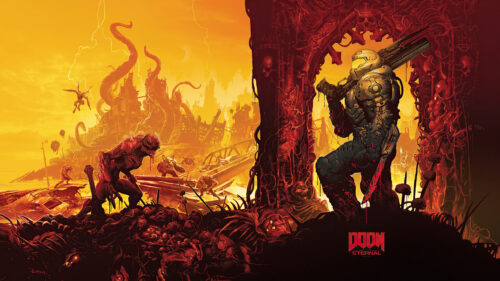 Doom Eternal Apocalyptic Hellscape Scene Desktop Wallpaper