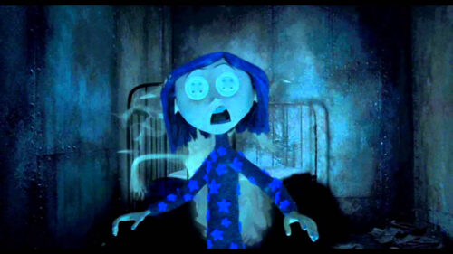 Coraline Button Eyes Dark Room Cinematic Desktop Wallpaper