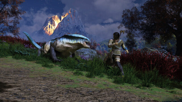 Fantasy Creature and Warrior in Mountain Landscape Desktop Wallpaper